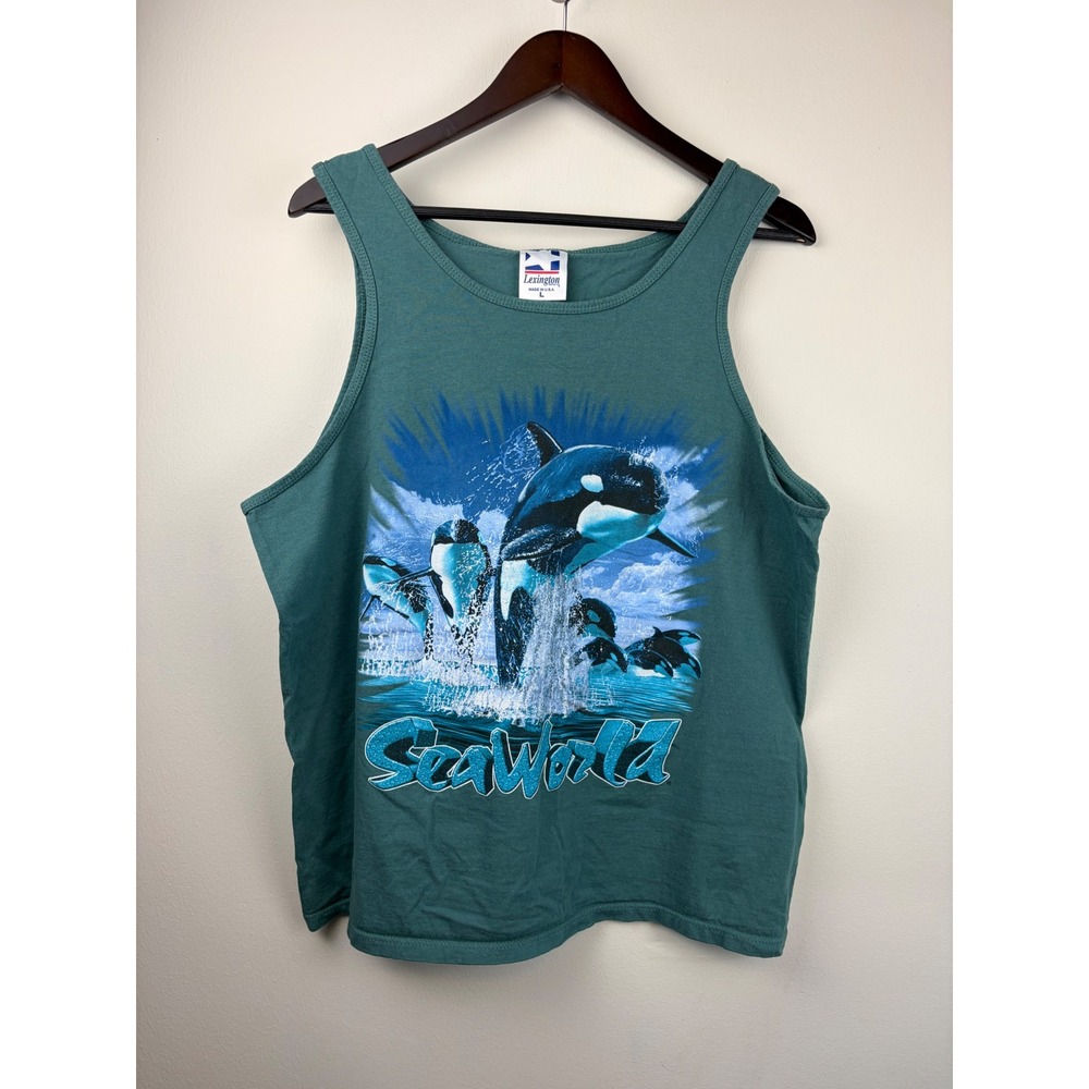 Vintage 90s Lexington SeaWorld Tank Top Large Green Orca Whale Muscle Tee Shamu